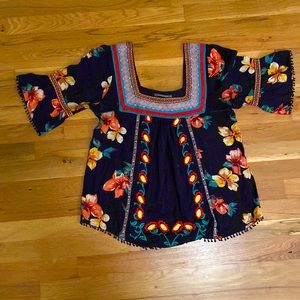 Anthropologie Floral Embroidered Square Bib Neckline Swing Blouse